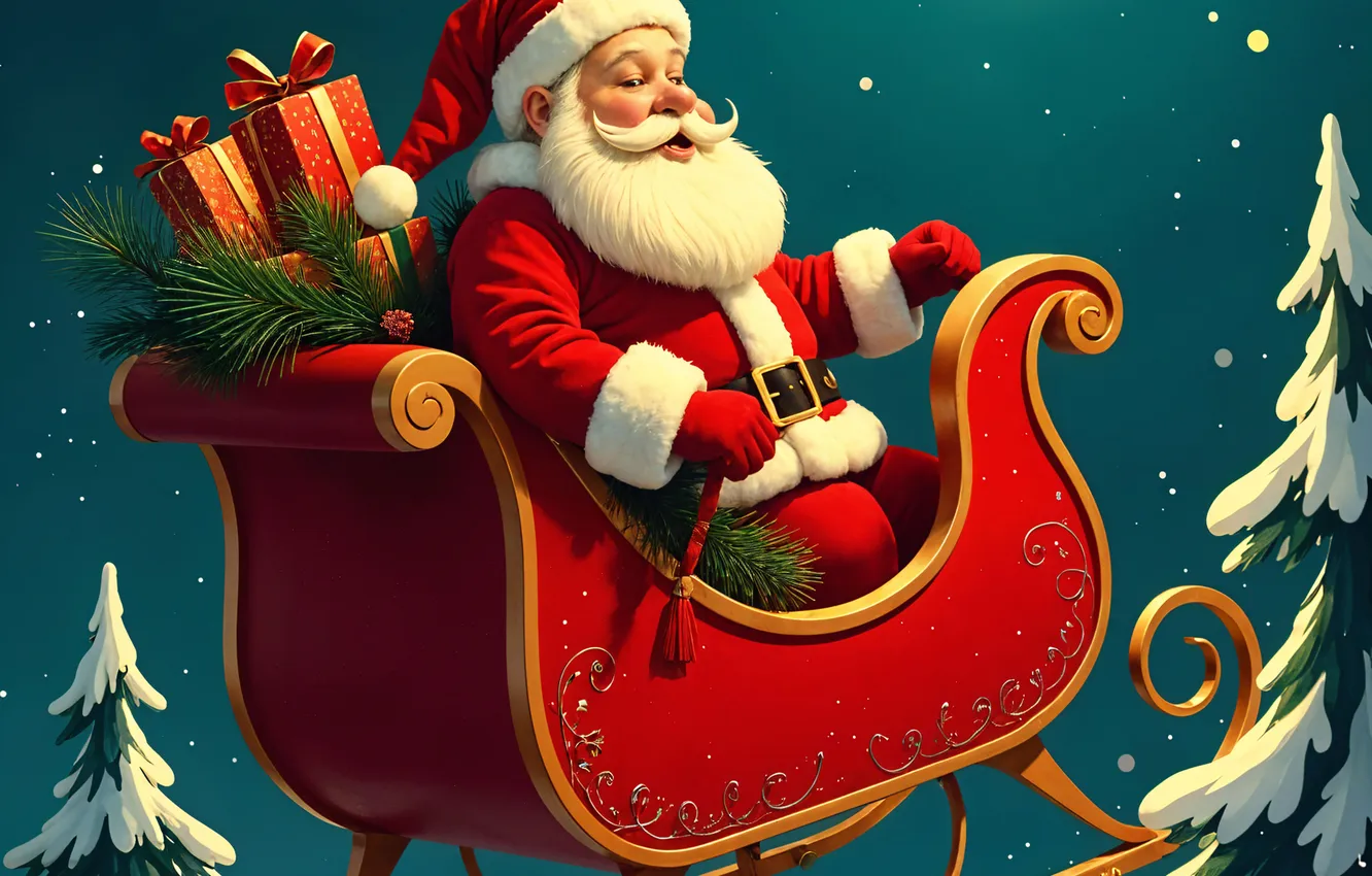 Photo wallpaper winter, night, gift, the moon, new year, Christmas, sleigh, Santa Claus