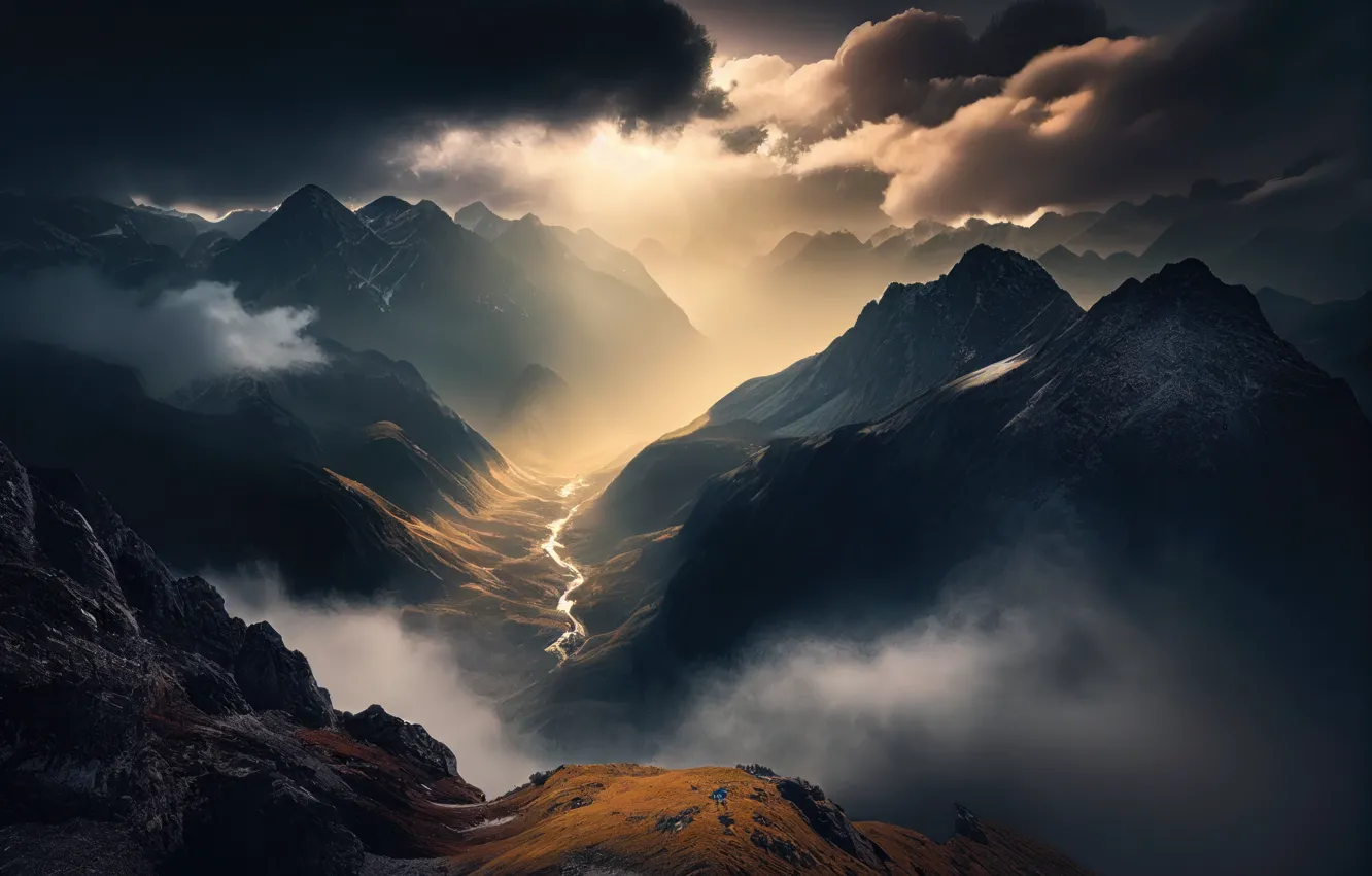 Photo wallpaper landscape, mountains, nature, fog, rendering, height, art, digital painting