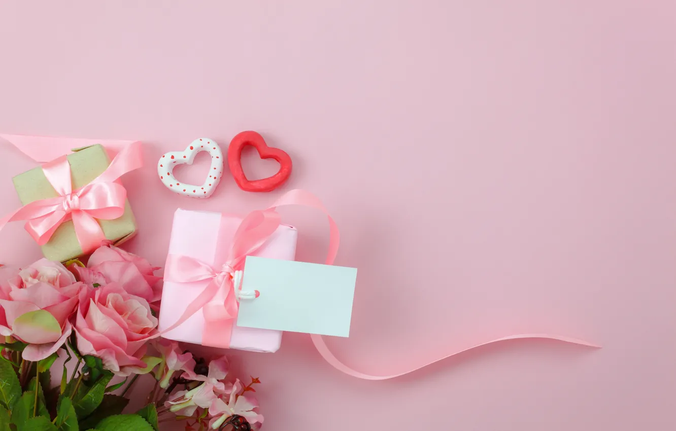 Photo wallpaper love, background, pink, gift, heart, roses, bouquet, hearts