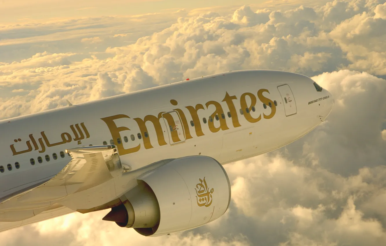 Photo wallpaper The sky, Clouds, Engine, Flight, Flight, Clouds, Sky, Emirates