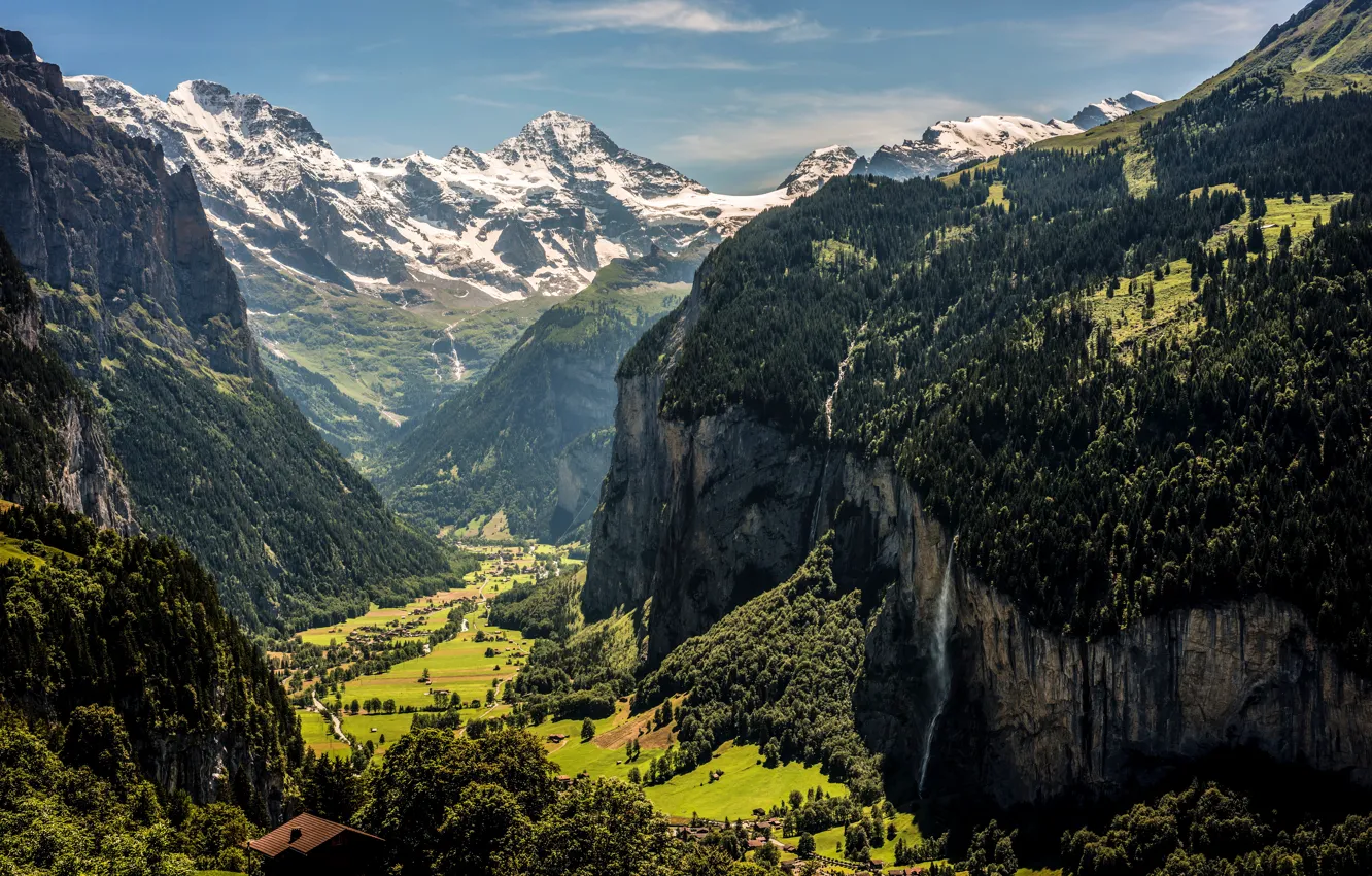 Photo wallpaper greens, the sun, trees, mountains, rocks, Switzerland, valley, panorama