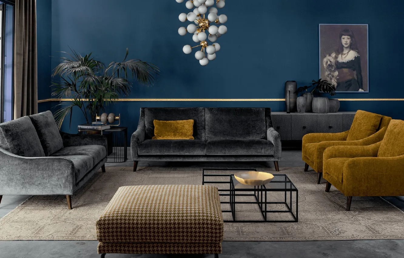 Photo wallpaper design, style, room, interior, living room, blue color in the interior, upholstered furniture made of …