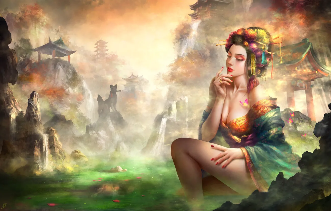 Photo wallpaper girl, lake, style, fiction, Asia, figure, color, figure