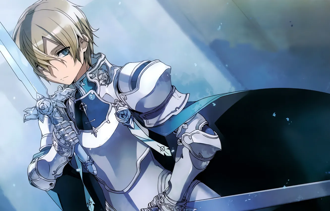 Photo wallpaper sword, emblem, knight, cloak, blonde, sheath, blue rose, Sword Art Online