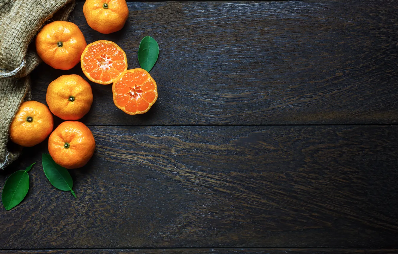 Photo wallpaper leaves, background, citrus, halves, tangerines