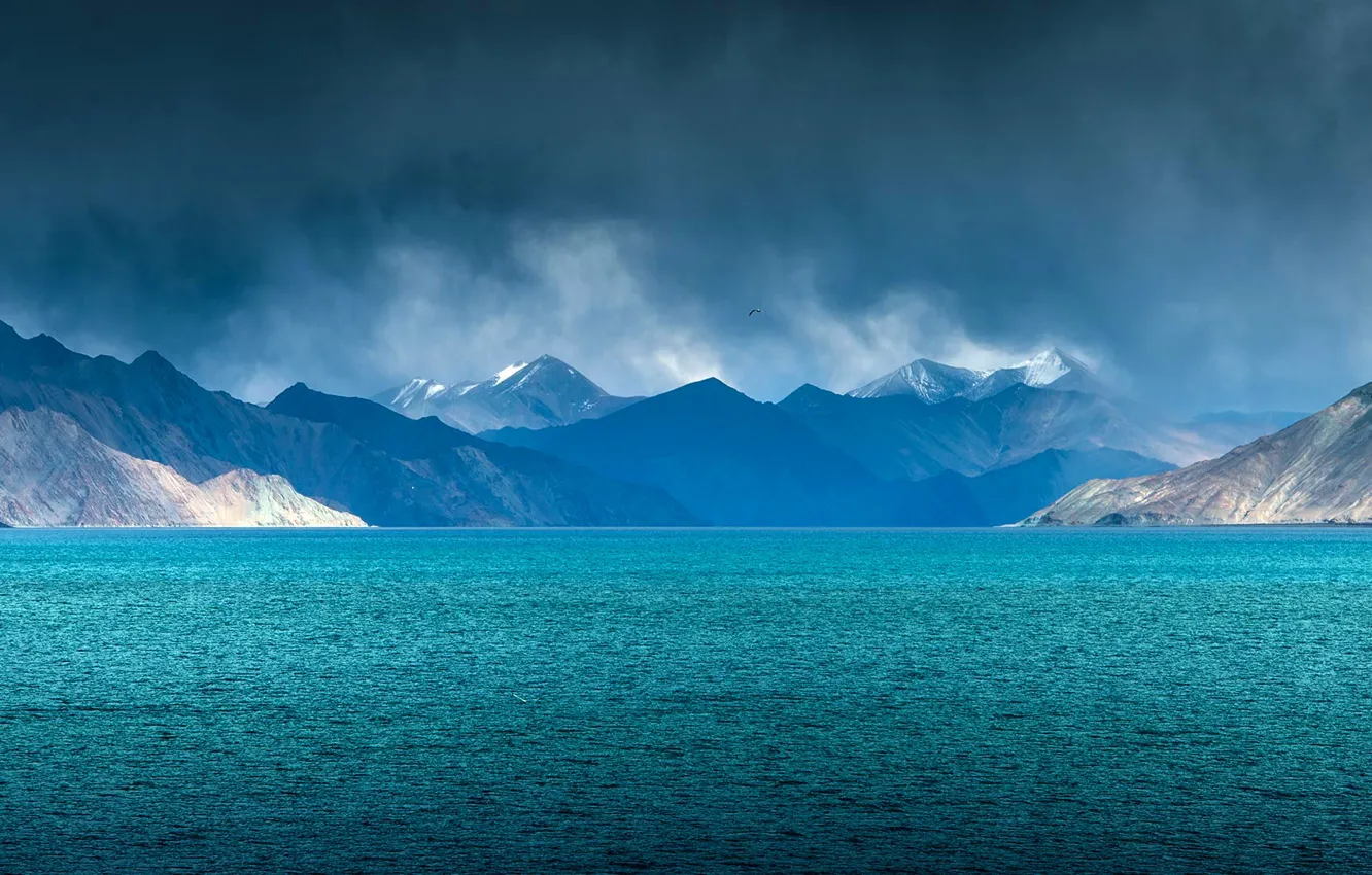 Photo wallpaper clouds, lake, rain, India, Jammu and Kashmir, Pangong, Ladakh