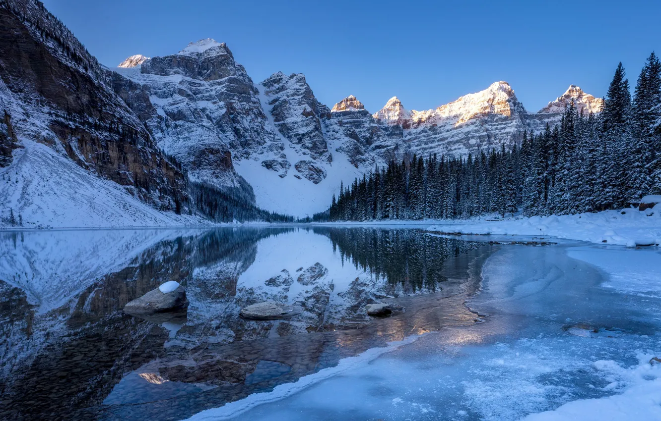 Photo wallpaper ice, winter, mountains, lake, reflection