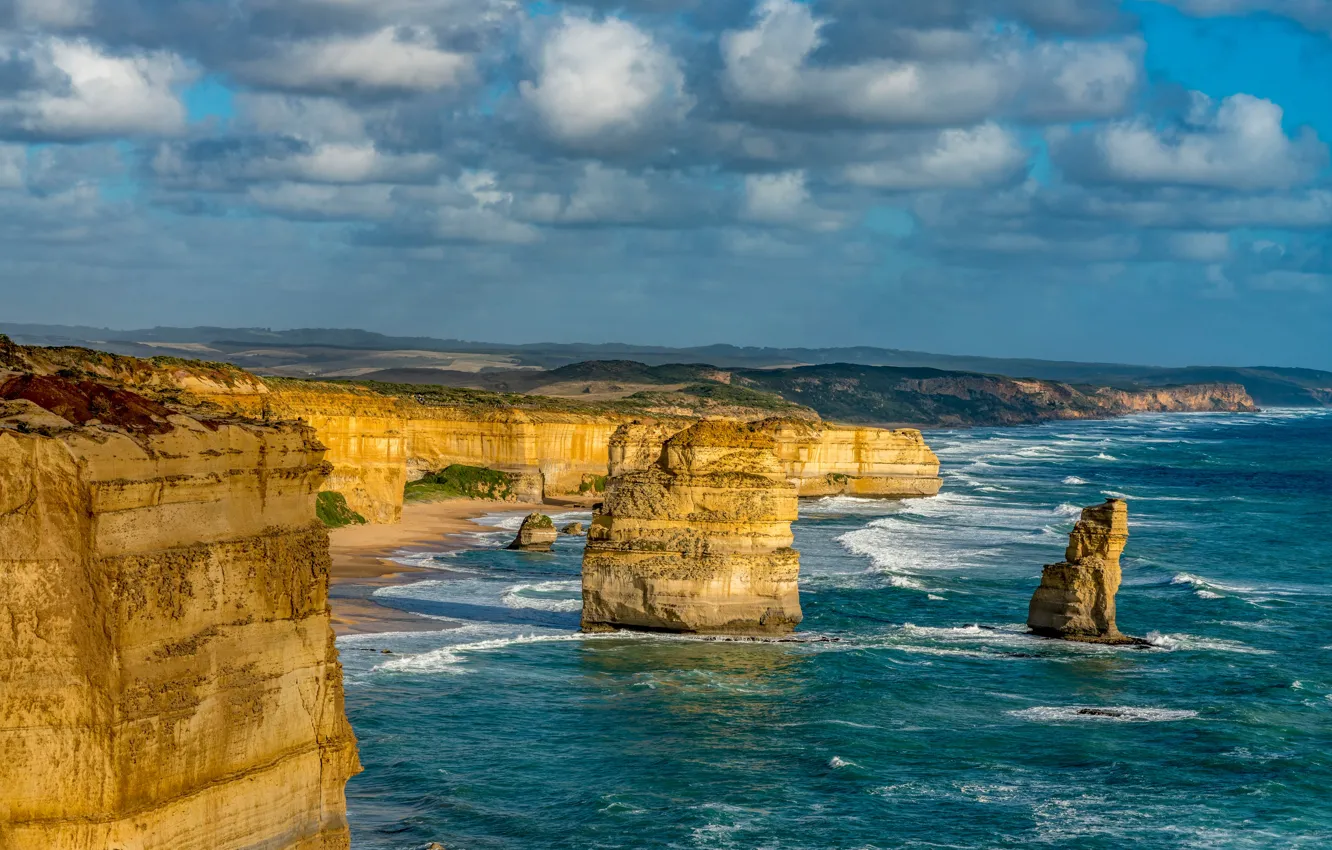 Photo wallpaper sand, sea, the sky, the sun, clouds, stones, rocks, coast