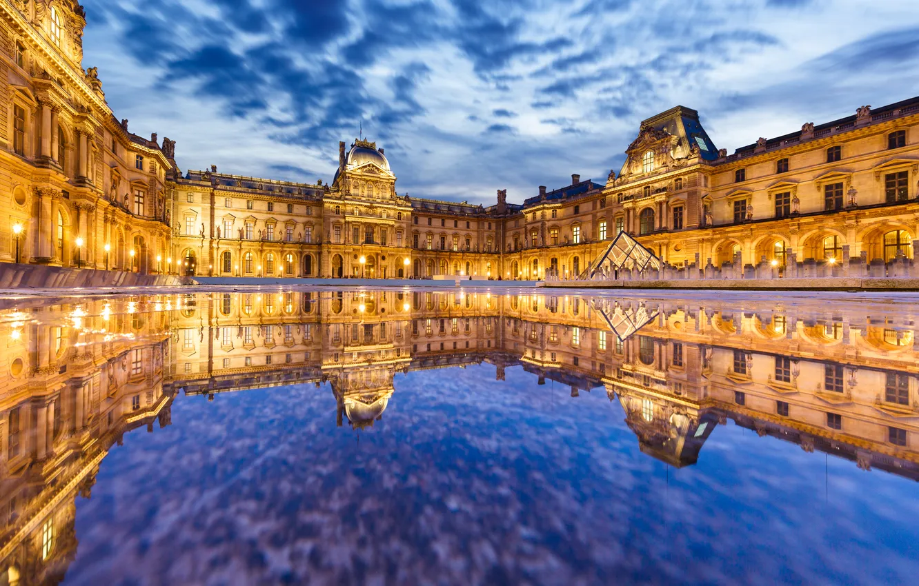Photo wallpaper water, reflection, France, Paris, the building, The Louvre, Paris, Museum