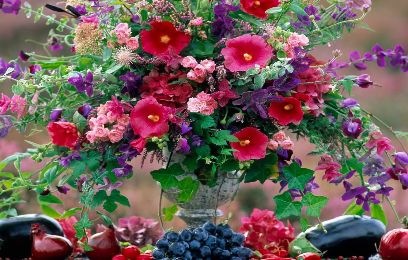 Photo wallpaper flowers, table, bouquet, bow, grapes, eggplant, vase, still life