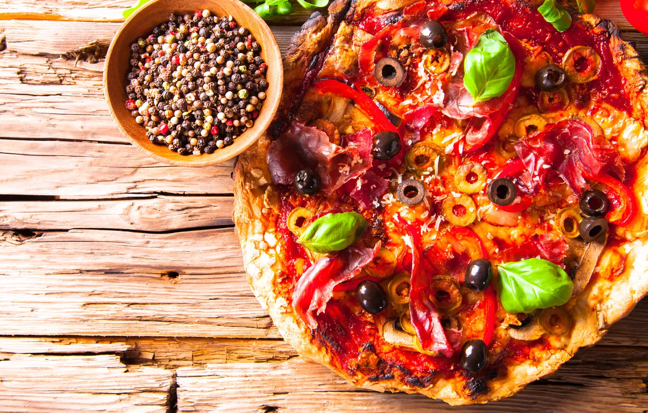 Photo wallpaper greens, mushrooms, pepper, pizza, olives, sausage, filling, seasoning