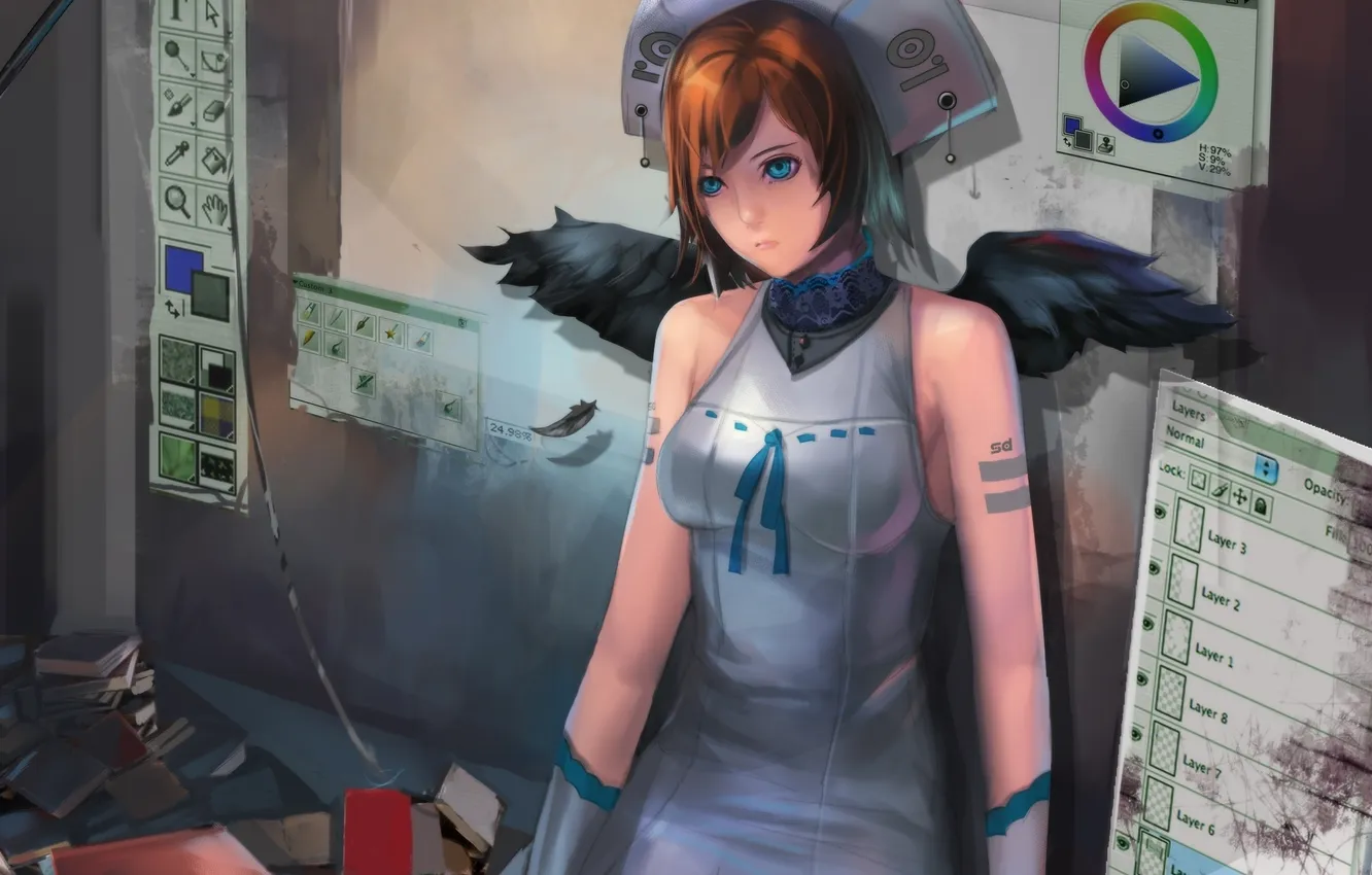Photo wallpaper girl, photoshop, wings, palette, editor, readman (artist)