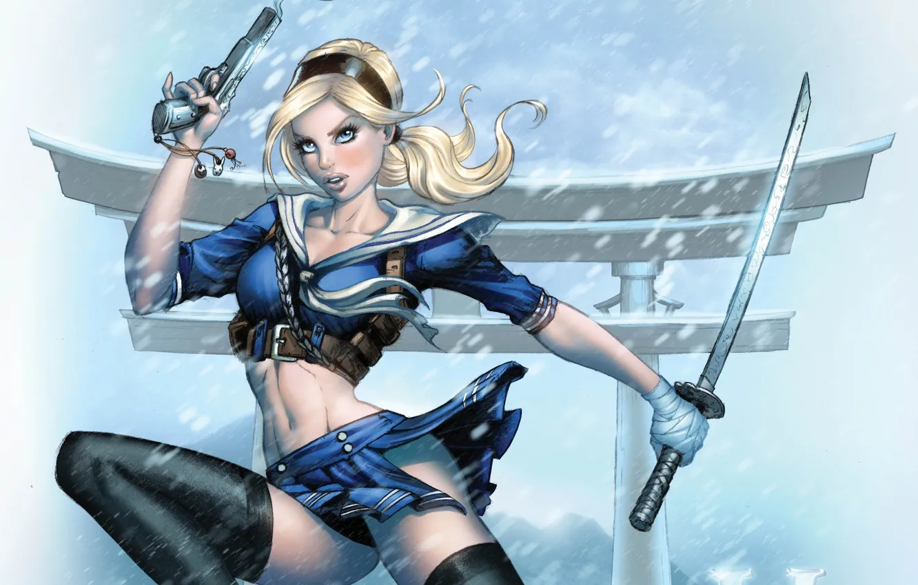 Photo wallpaper look, girl, weapons, art, blonde, ponytail, sucker punch, Forbidden