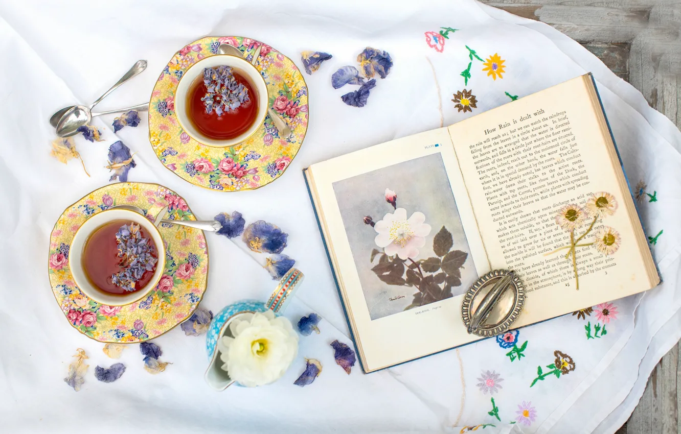 Photo wallpaper flowers, tea, Cup, book