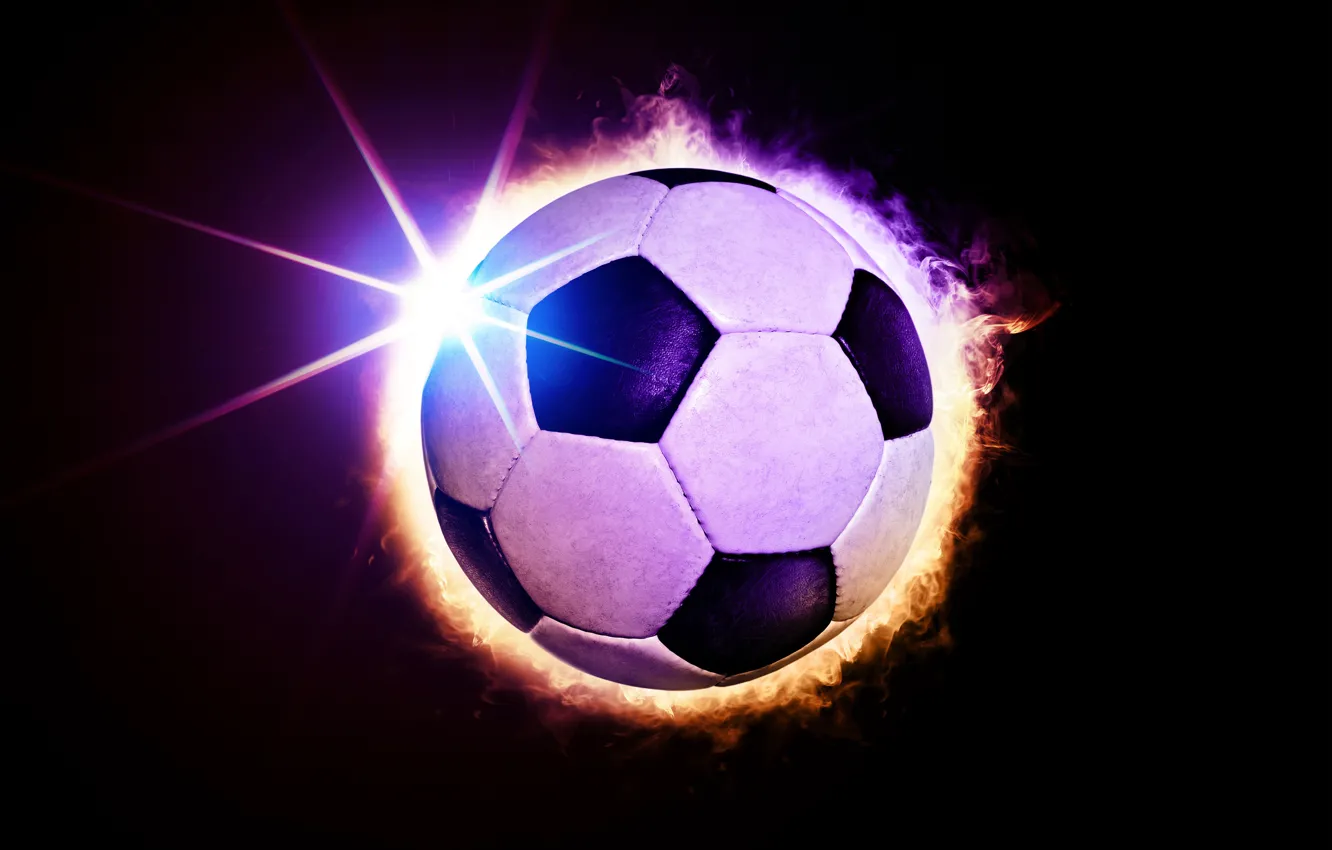 Photo wallpaper rays, light, lights, flame, football, sport, the ball, black background