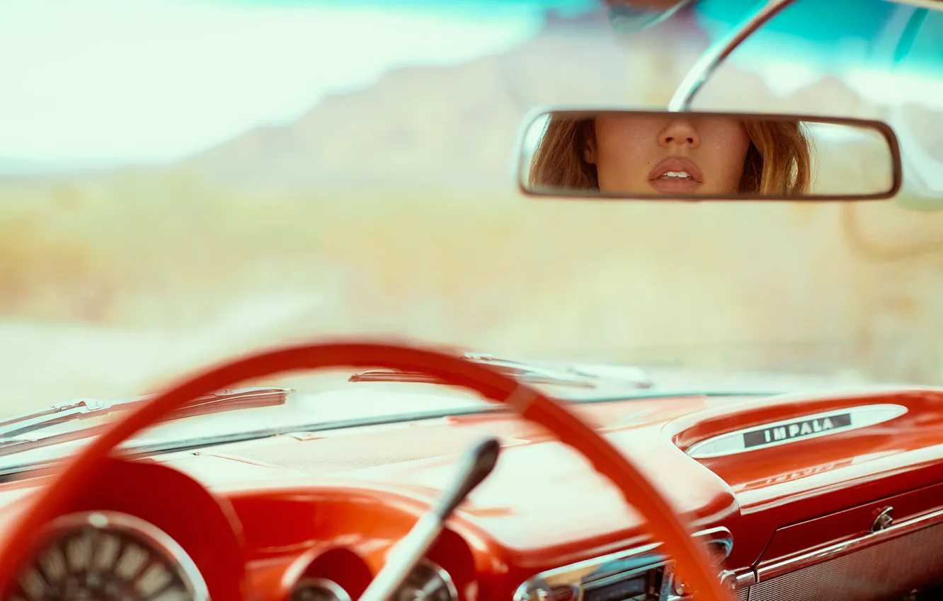 Photo wallpaper red, reflection, panel, mirror, lips, salon, retro, Chevrolet Impala