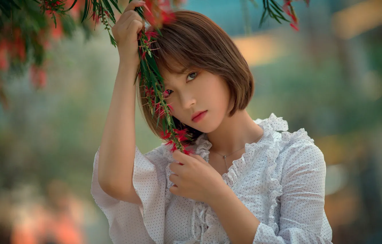 Photo wallpaper look, girl, branches, blouse, brown hair, Asian, ruffles