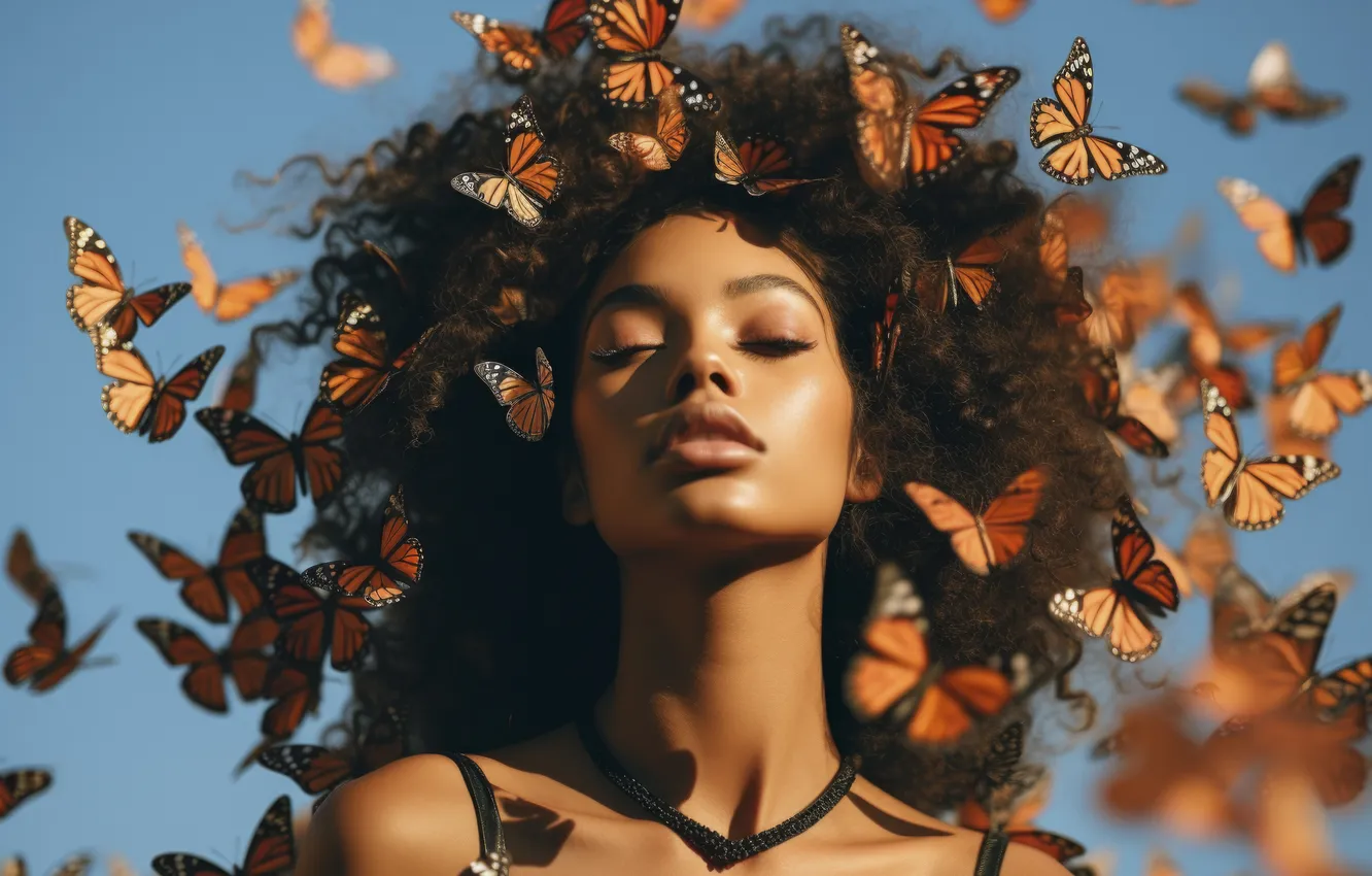 Photo wallpaper girl, butterfly, hair, digital art, AI art, The Art of Artificial Intelligence, neural network