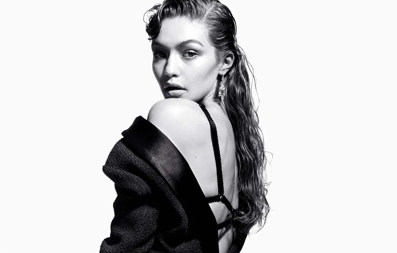 Photo wallpaper look, pose, model, black and white, Gigi Hadid