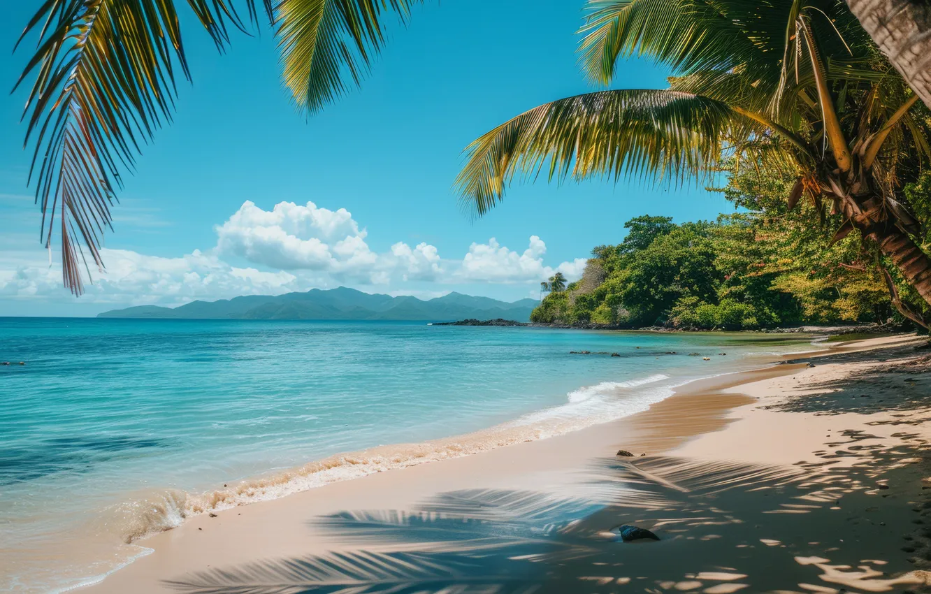Photo wallpaper sand, sea, wave, beach, summer, the sky, clouds, light
