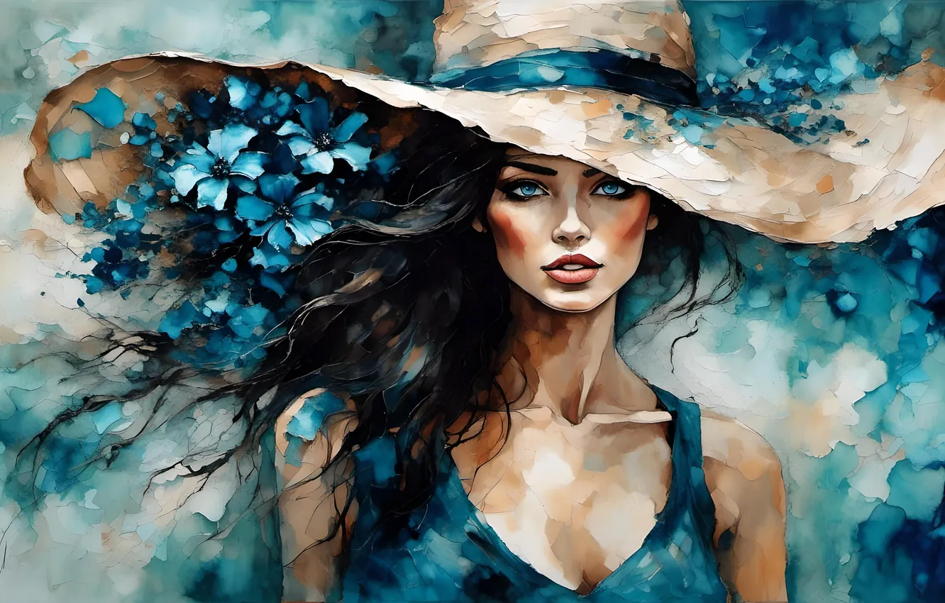 Photo wallpaper look, girl, flowers, blue, figure, portrait, picture, hat