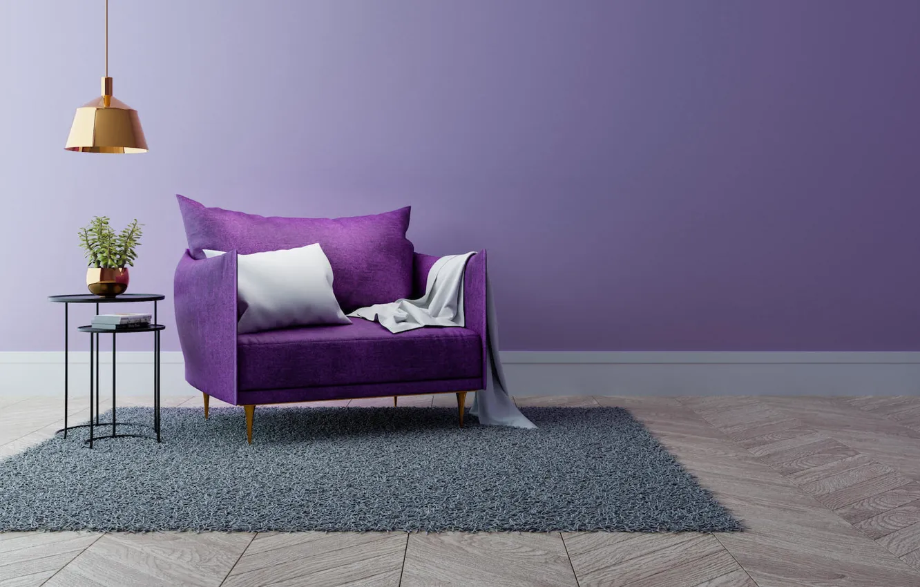Photo wallpaper purple, design, style, interior, minimalism, chair, lilac, living room