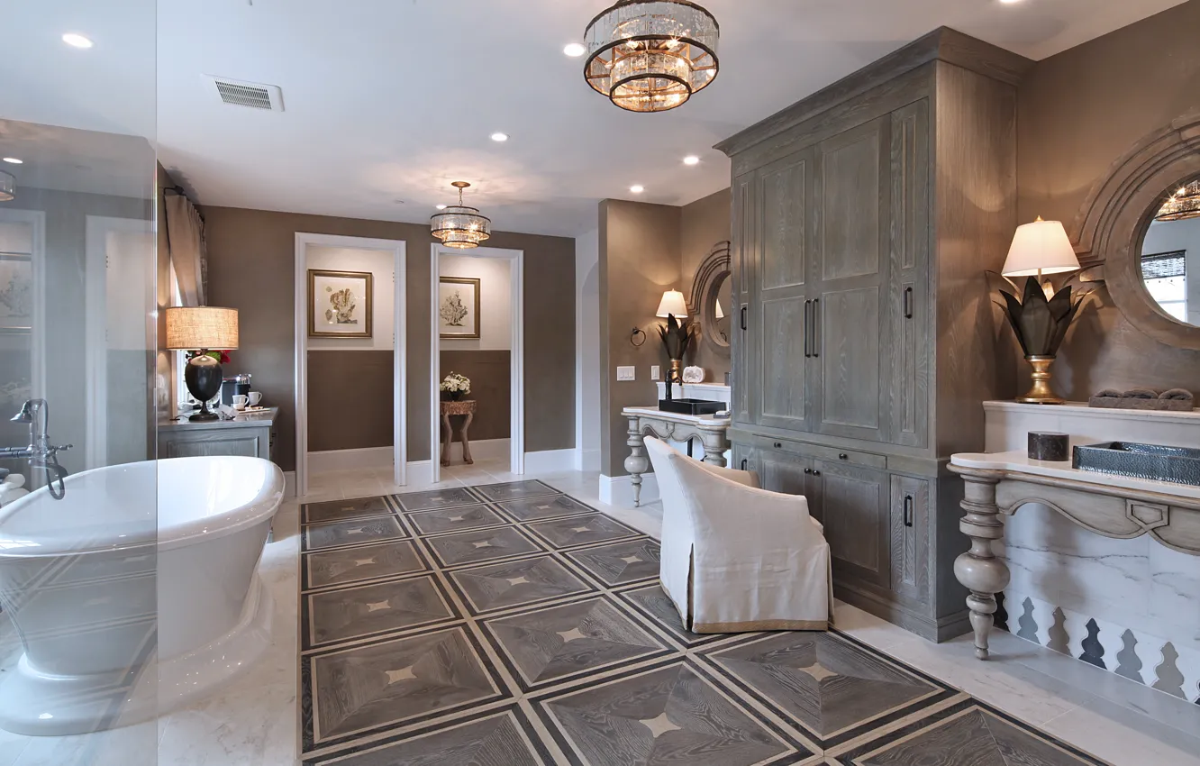 Photo wallpaper design, Villa, interior, chair, mirror, chandelier, bathroom