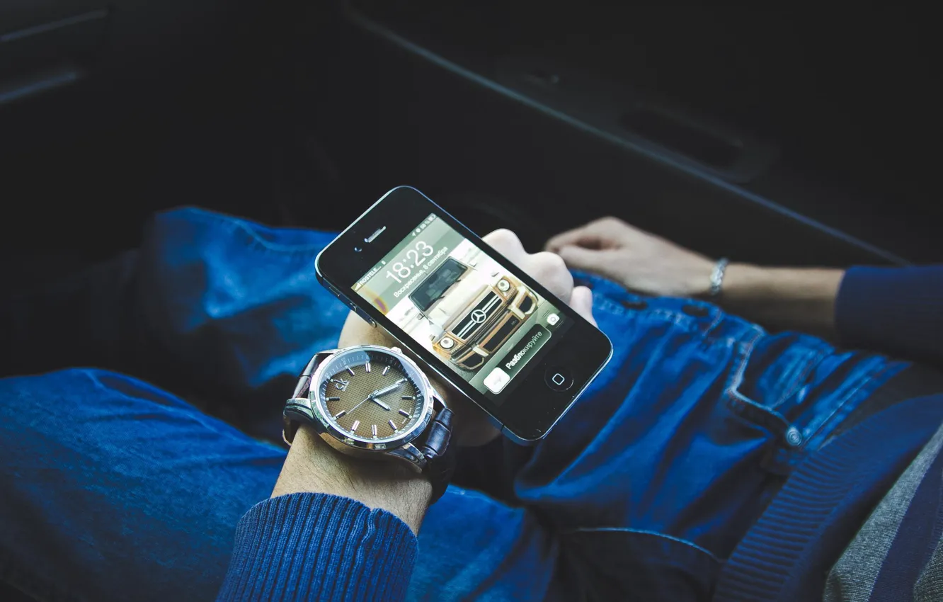 Photo wallpaper black, watch, apple, hands, phone, gadget, iPhone, Apple