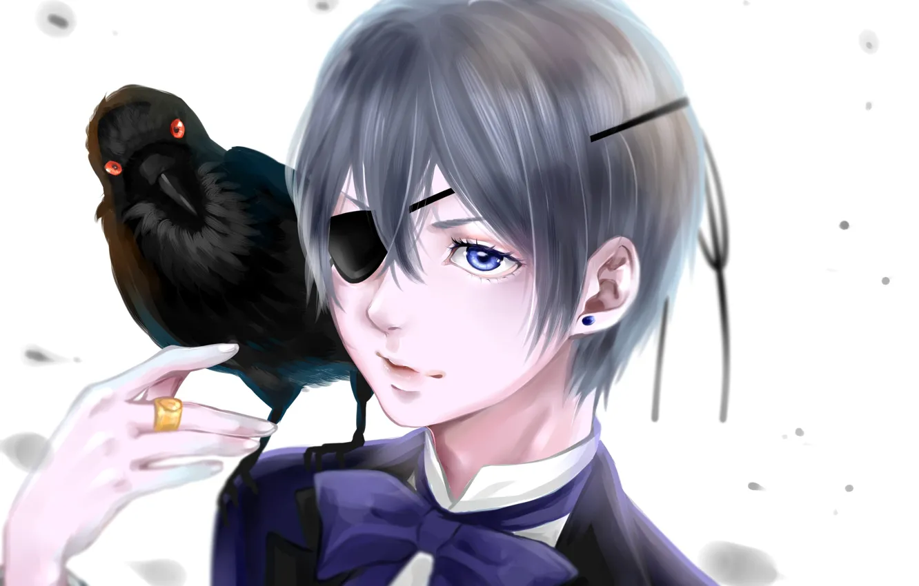 Photo wallpaper bird, anime, art, Raven, kuroshitsuji, Dark Butler, Ciel Phantomhive
