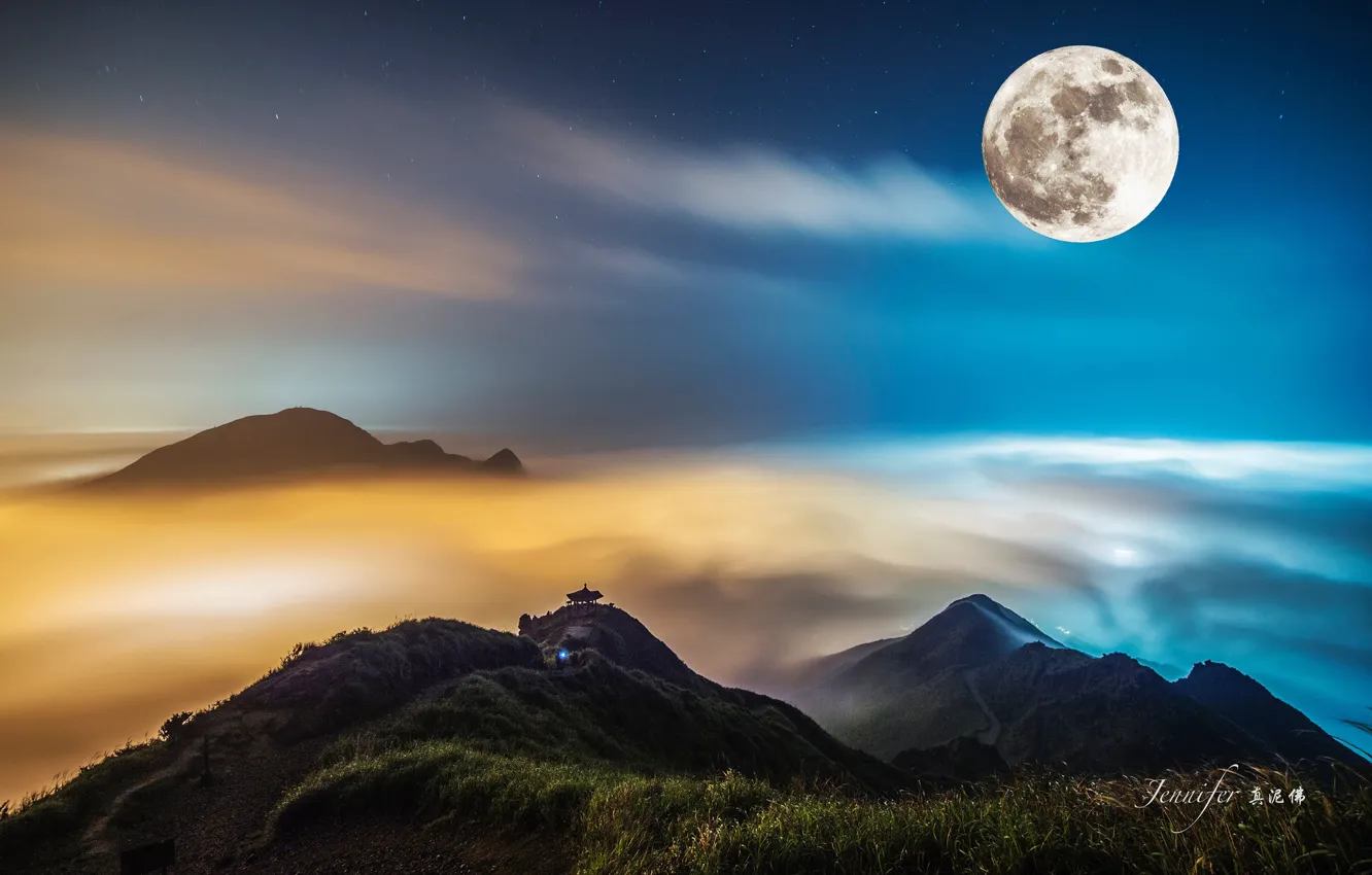 Photo wallpaper stars, landscape, mountains, the moon