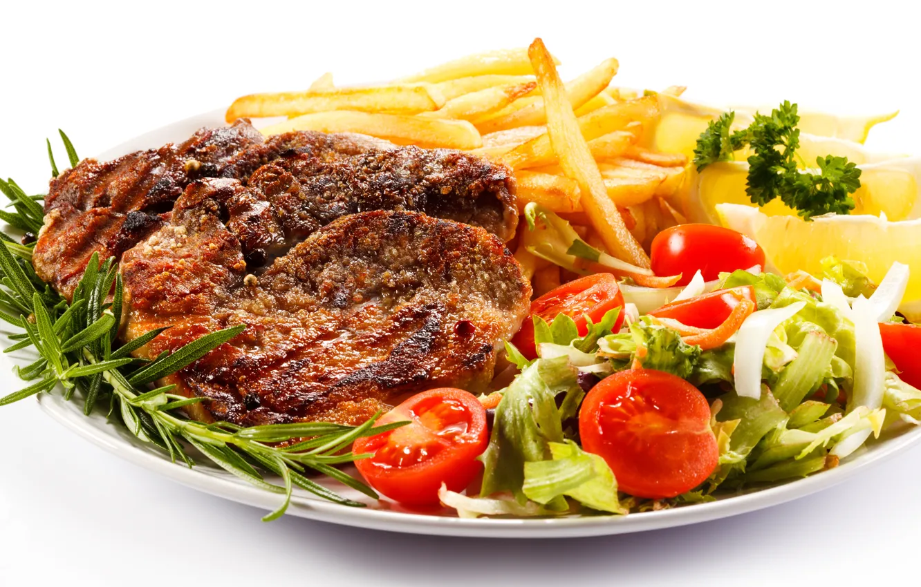 Photo wallpaper greens, lemon, meat, vegetables, tomatoes, salad, spices, potatoes