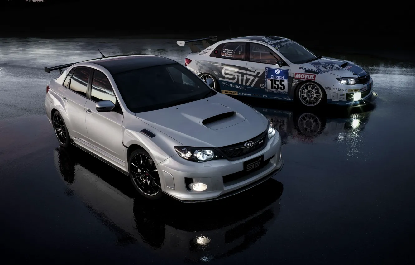 Photo wallpaper two, Reflection, The evening, Auto, White, Subaru, Vinyl, Machine