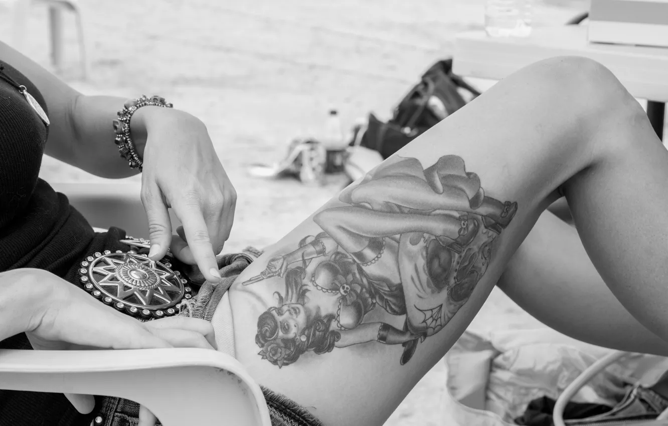 Photo wallpaper legs, tattoo, black and white, female