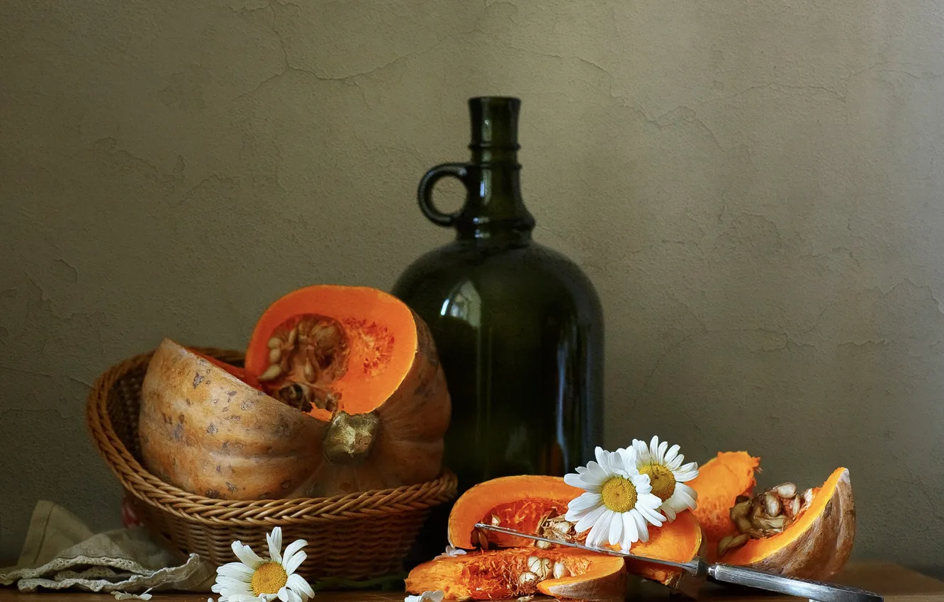 Photo wallpaper flowers, table, wall, bottle, chamomile, knife, pumpkin, still life