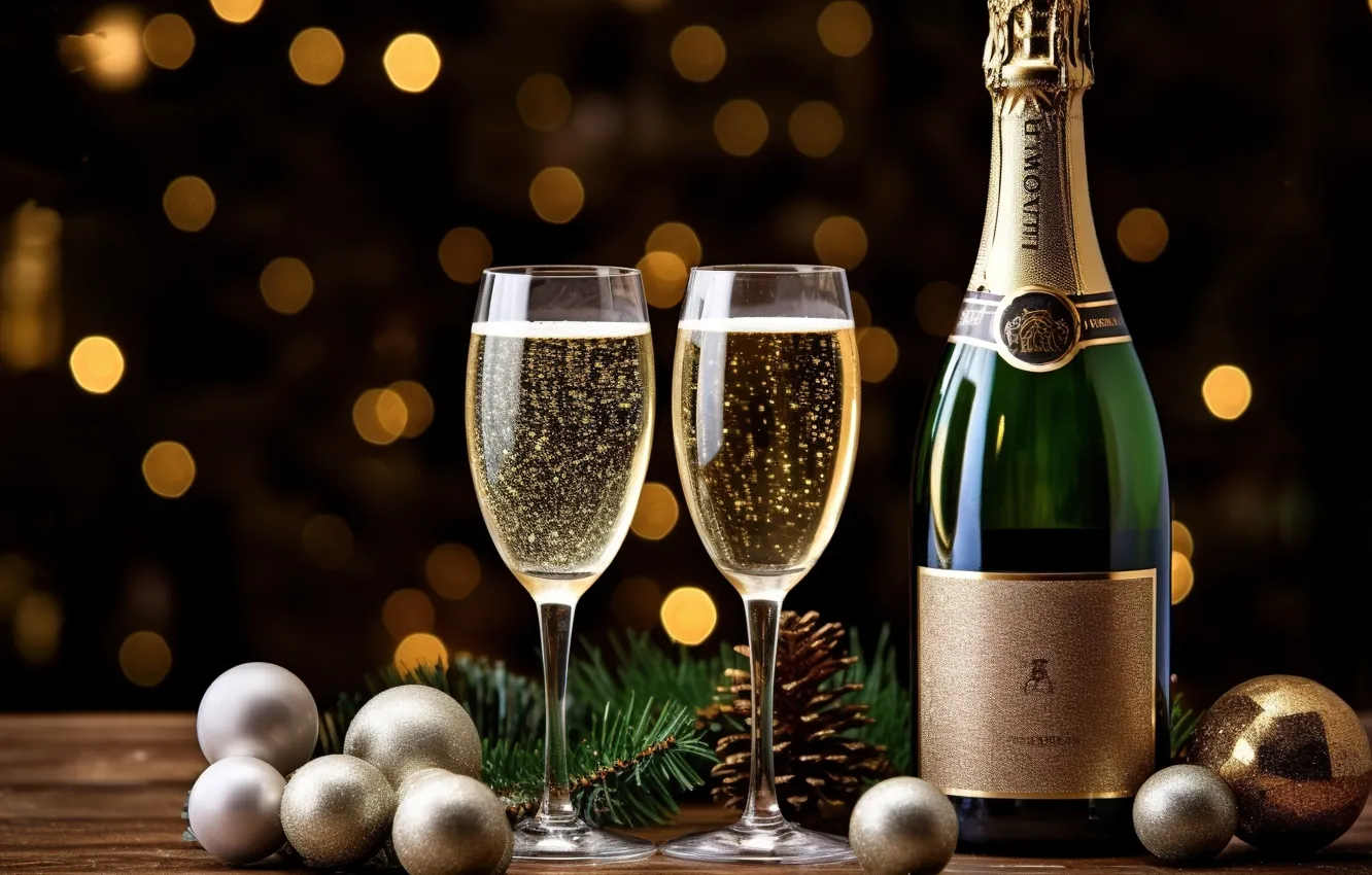 Photo wallpaper decoration, gold, balls, glass, tree, new year, golden, champagne