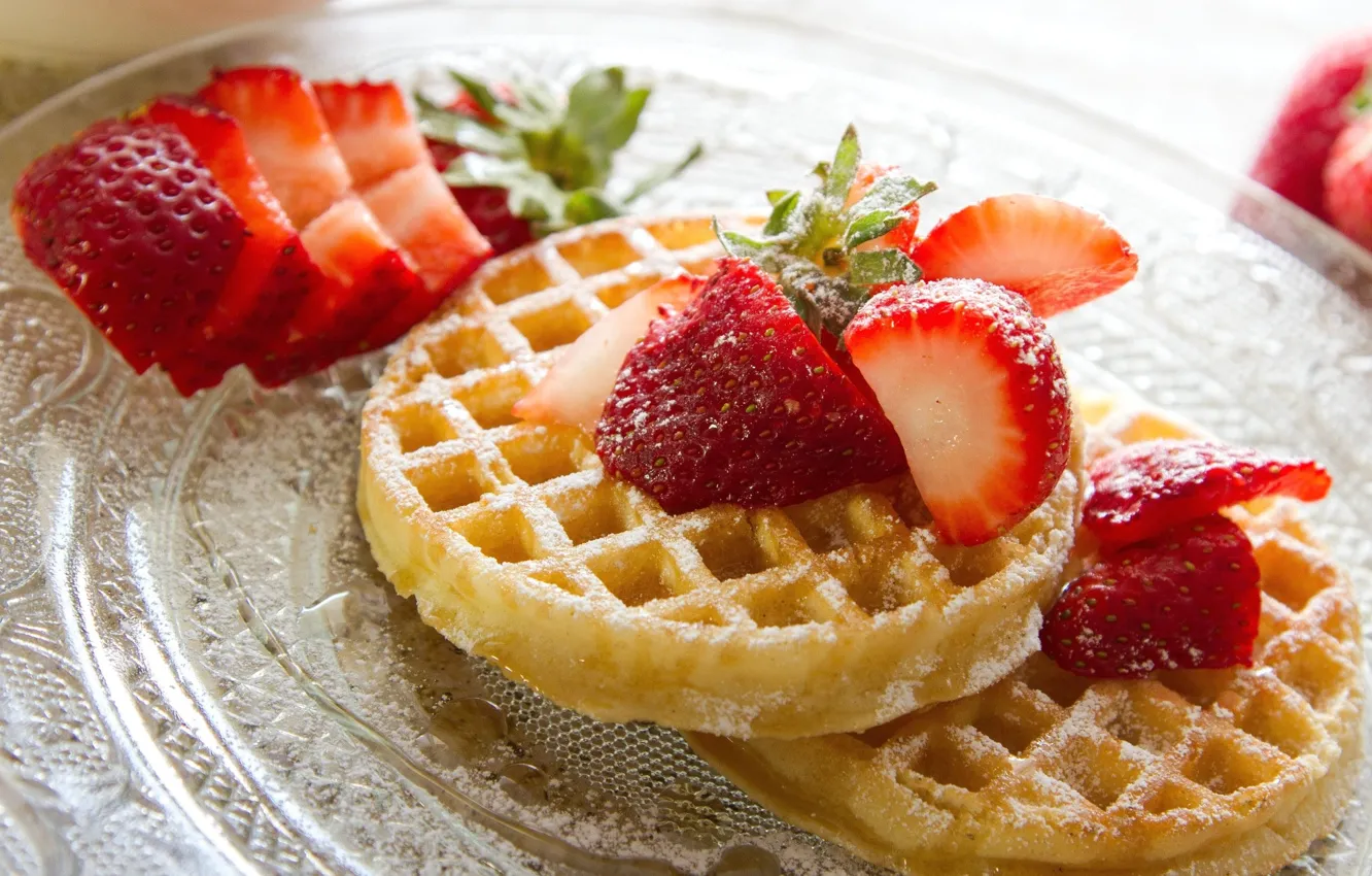 Photo wallpaper strawberry, waffles, powdered sugar