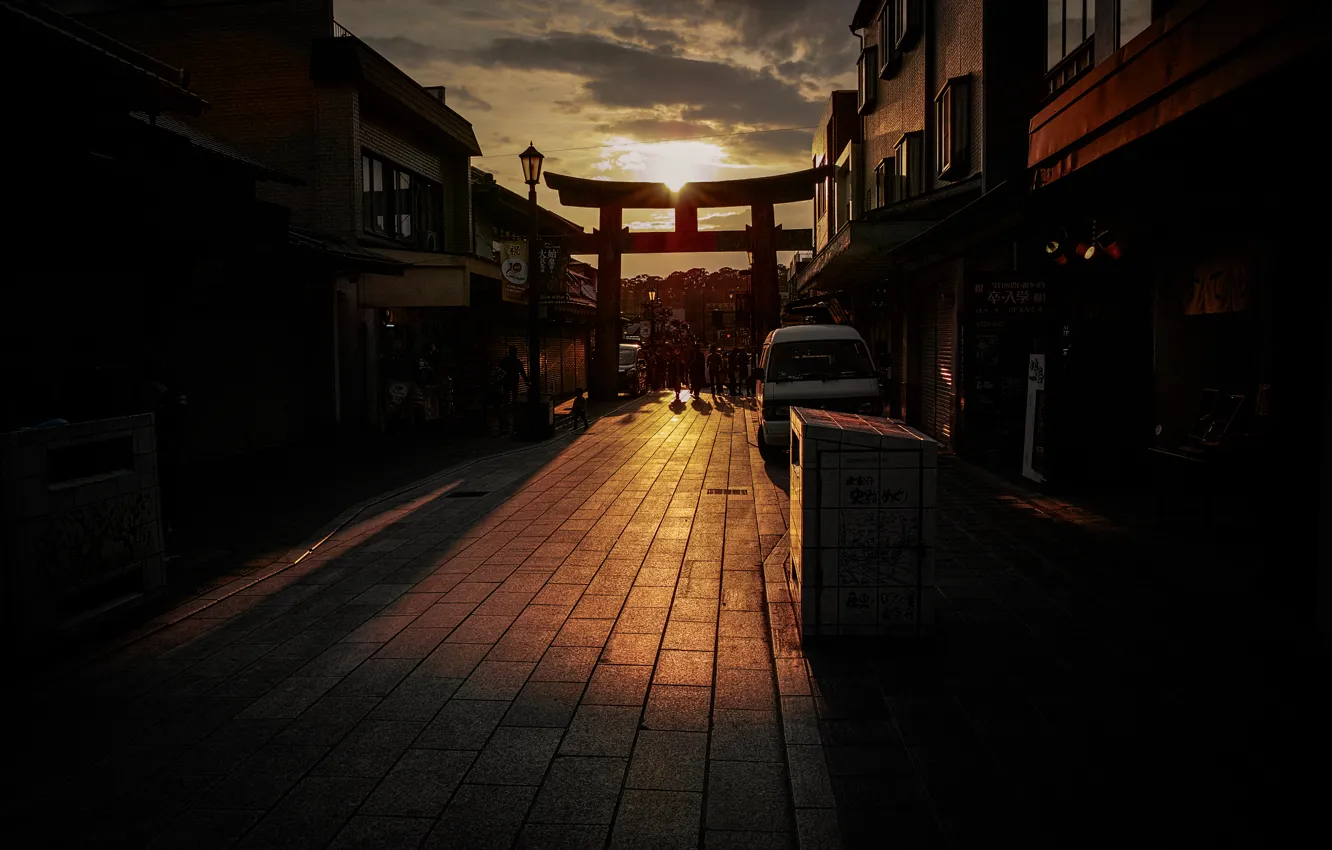 Photo wallpaper machine, clouds, sunset, sunrise, dark, people, building, the evening