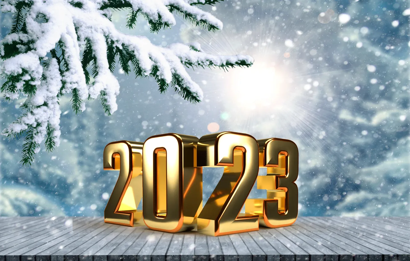 Photo wallpaper winter, snow, snowflakes, New Year, figures, metal, golden, happy