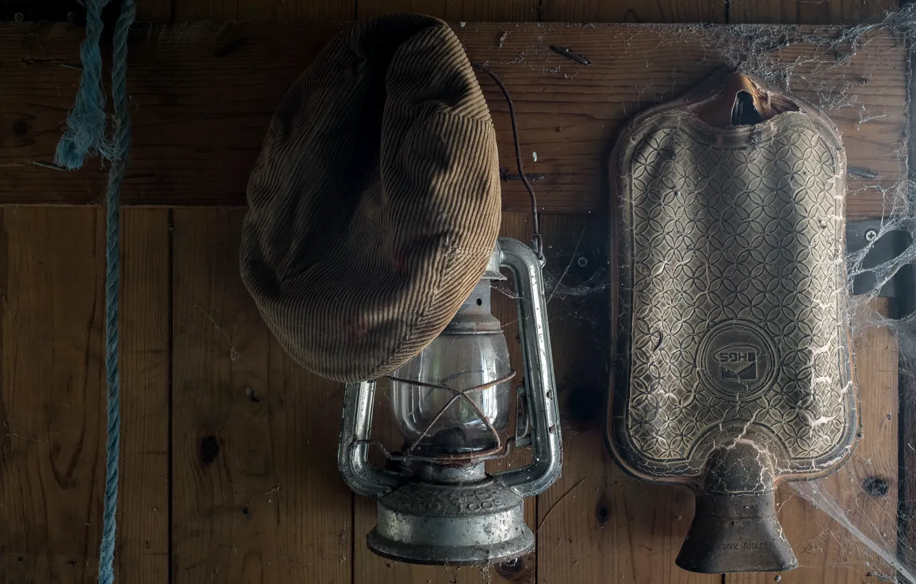 Photo wallpaper lamp, hat, abandoned house, warmer