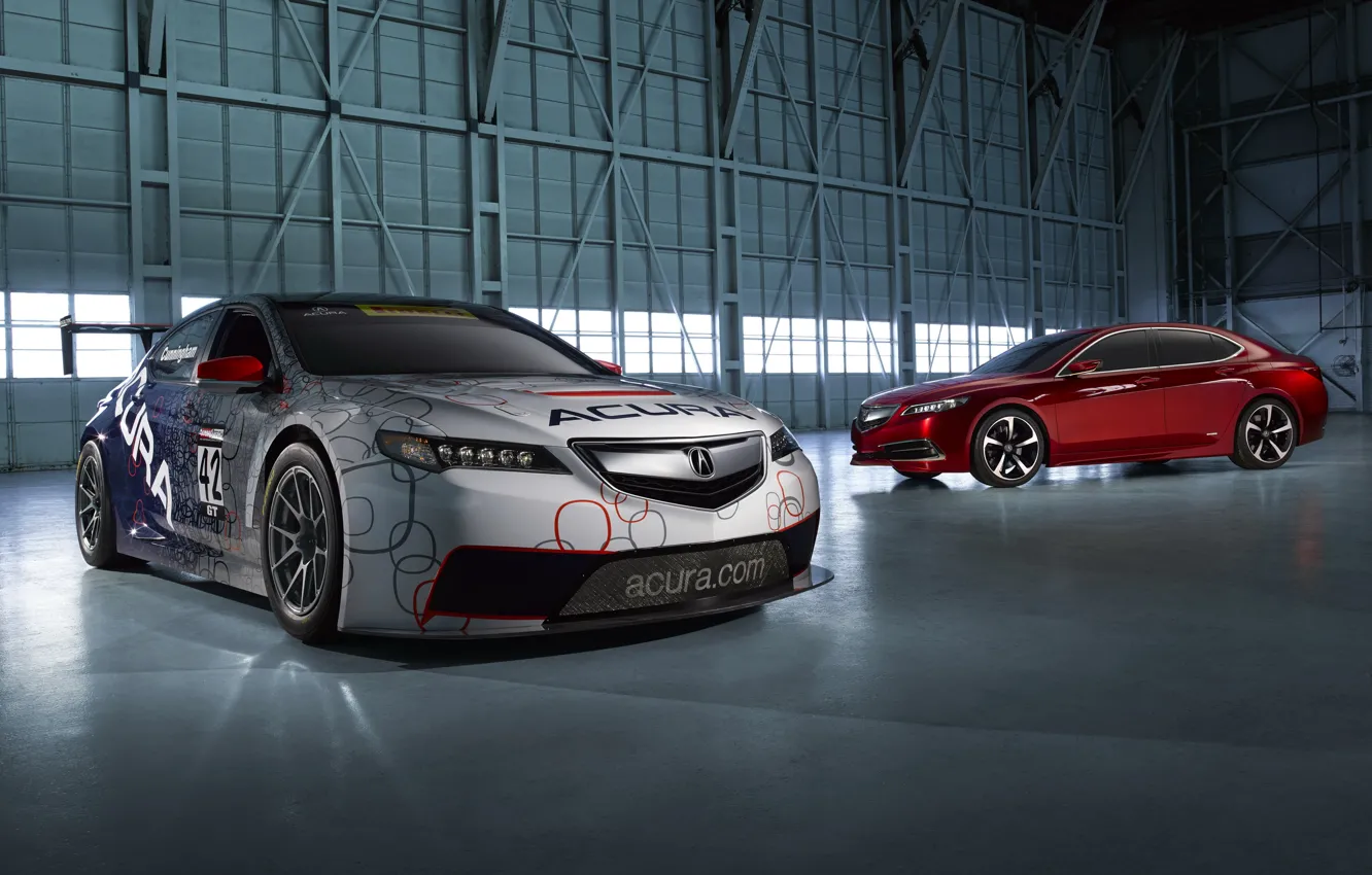 Photo wallpaper Red, Wheel, Machine, Hangar, Lights, Prototype, Sports, Acura