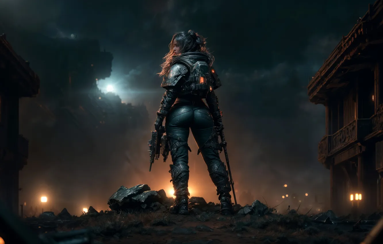 Photo wallpaper girl, night, lights, future, weapons, armor, protective suit, digital art