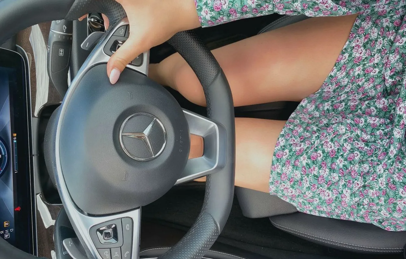 Photo wallpaper auto, girl, feet, dress, the wheel, Mersedes, slender legs