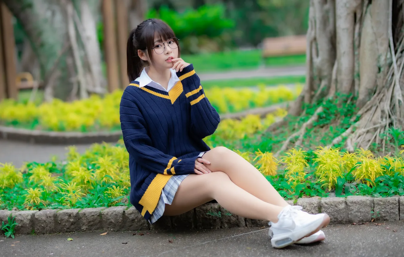 Photo wallpaper look, glasses, legs, Asian, cutie