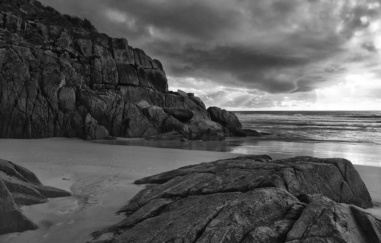 Photo wallpaper sea, water, clouds, stones, the ocean, rocks, shore, black and white