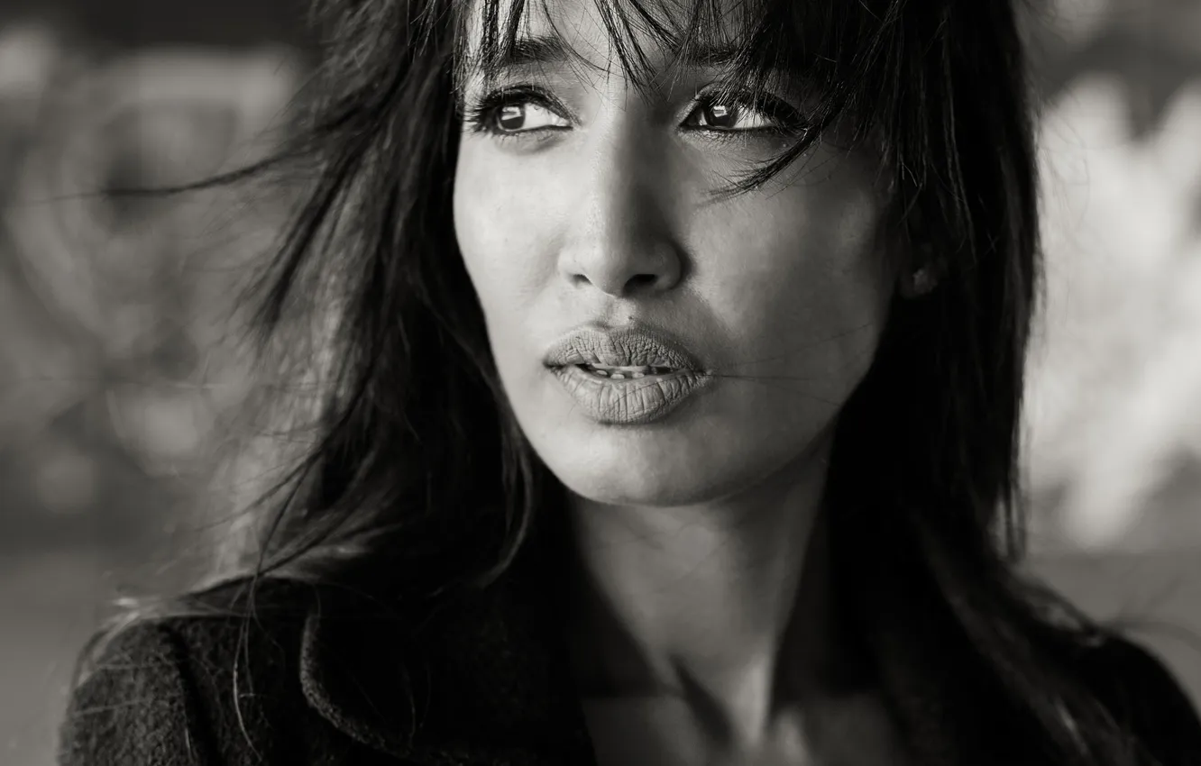 Photo wallpaper look, girl, face, hair, black and white