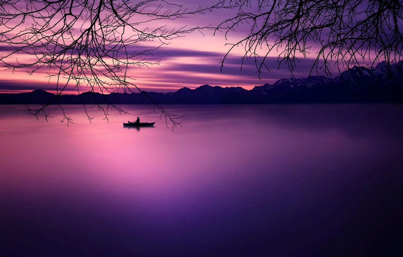 Photo wallpaper landscape, sunset, mountains, lake, twilight