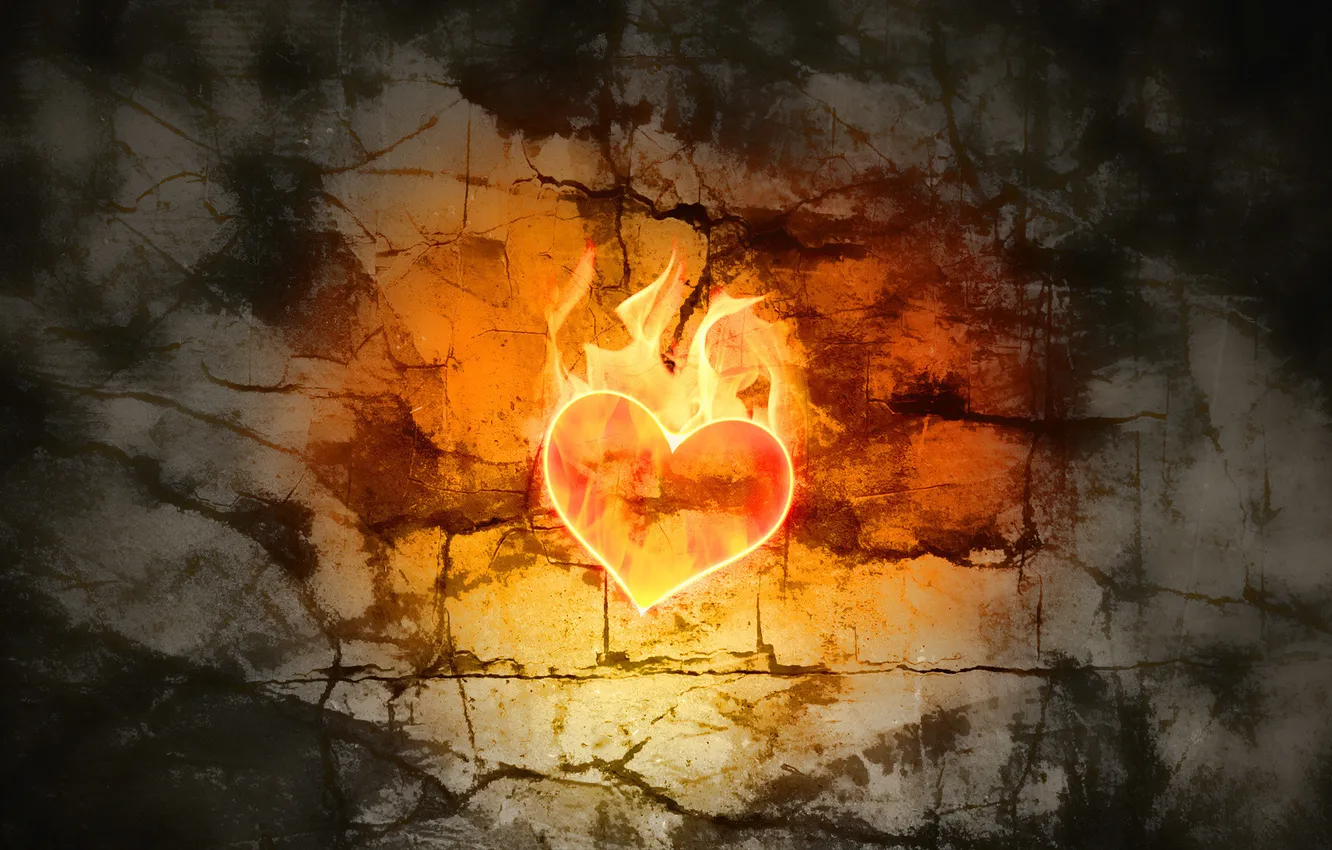Photo wallpaper light, cracked, wall, flame, heart