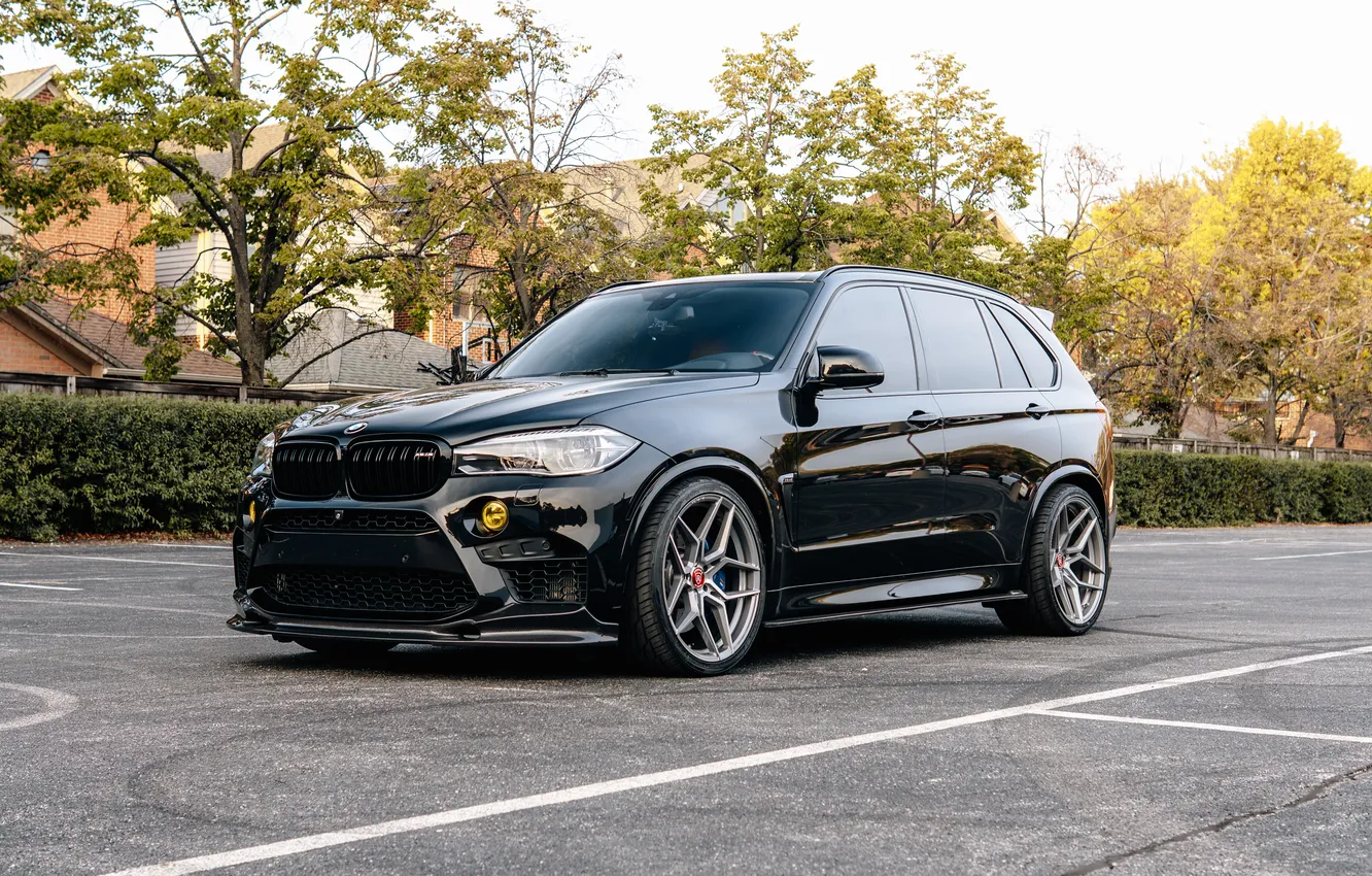 Photo wallpaper BMW, Black, Parking, X5M, Trees, BMW X5M