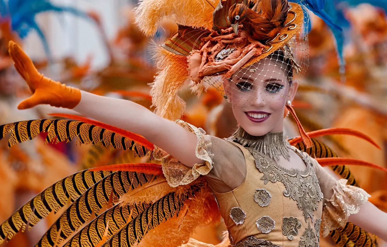 Photo wallpaper look, girl, face, smile, style, portrait, dance, hat