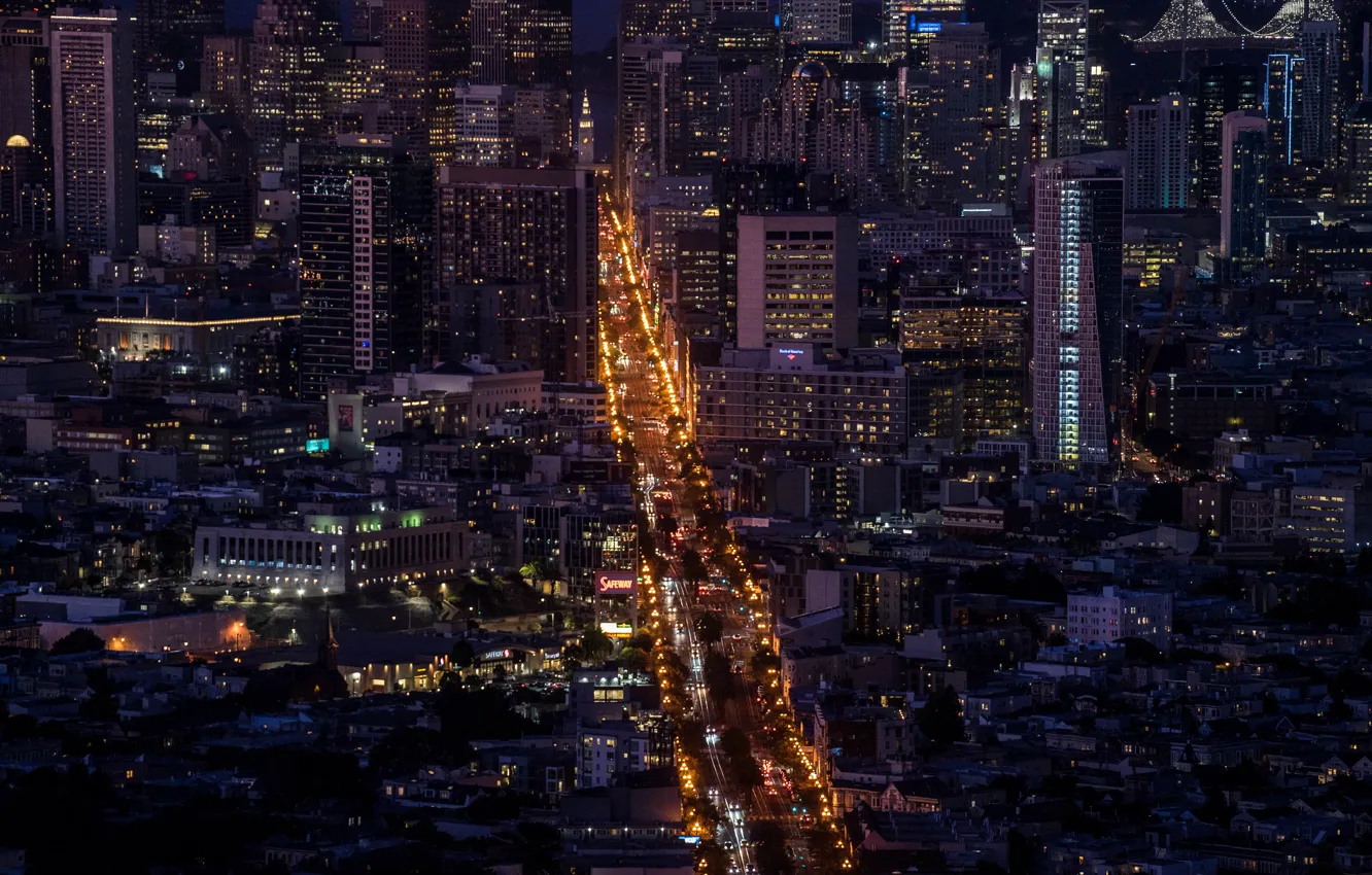 Photo wallpaper road, night, the city, lights, building, megapolis, the view from the top